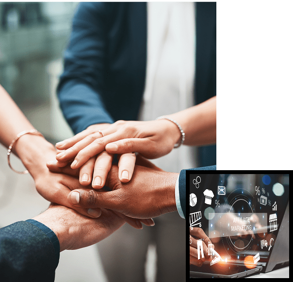 Hands joined together, digital marketing overlay.